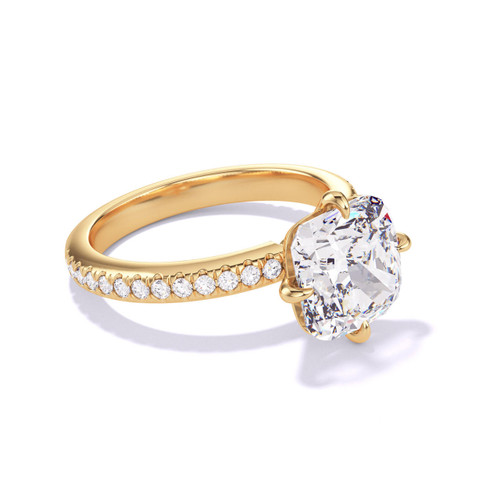 Cushion Cut Engagement Ring with a Compass Three Phases Pave Setting in Yellow Gold