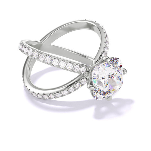Platinum Cushion Cut Solitaire Engagement Rings on a Pave Axis Band
