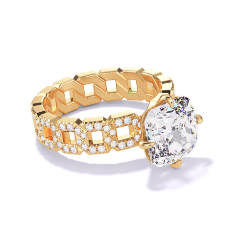 Cushion Cut Compass Set Engagement Ring on a Pave 16 Link Band in Yellow Gold
