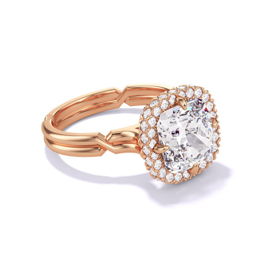 Cushion Cut Wrapped Halo Engagement Ring on a Chance Band in Rose Gold