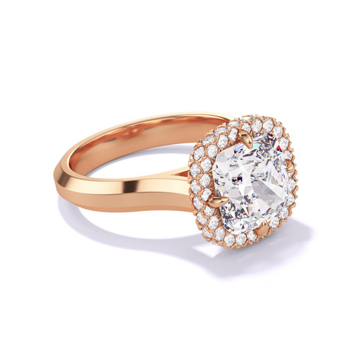 Cushion Cut Wrapped Halo Engagement Ring on a Three Phases Band in Rose Gold