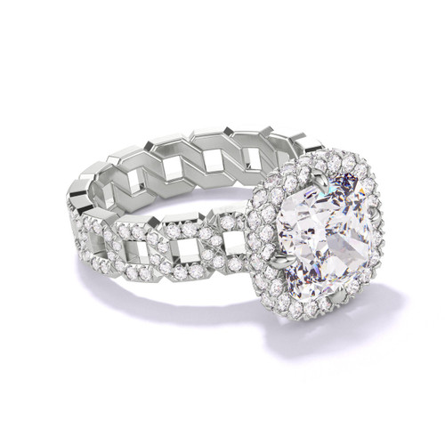 Platinum Cushion Cut Halo Engagement Ring on a Pave 16 Link Band
