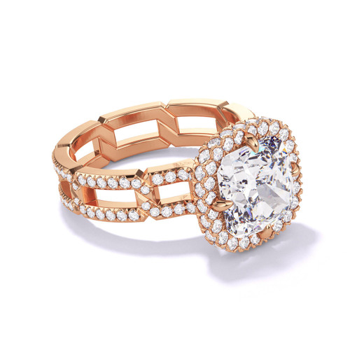 Rose Gold Cushion Cut Halo Engagement Ring on a Pave 8 Link Band