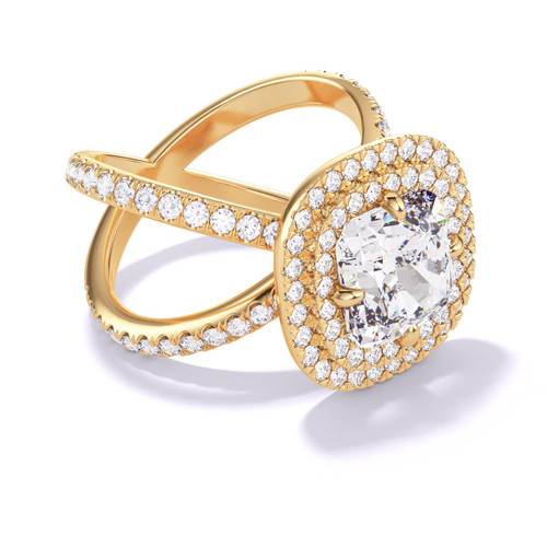 Gold Cushion Cut Double Halo Engagement Ring on a Pave Axis Band