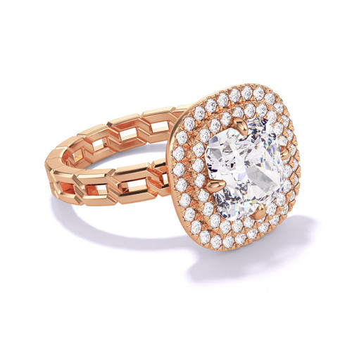 Rose Gold Cushion Cut Double Halo Engagement Ring on a 16 Link Band