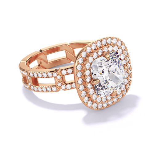 Rose Gold Cushion Cut Double Halo Engagement Ring on a Pave 8 Link Band