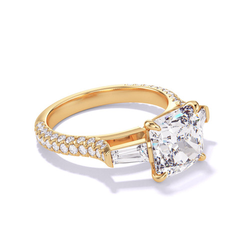 Gold Cushion Cut Baguette Engagement Ring on a Pave Band