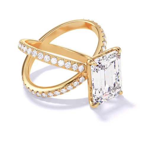 Emerald Cut Engagement Ring with Pave Diamonds on an Axis X band in yellow gold