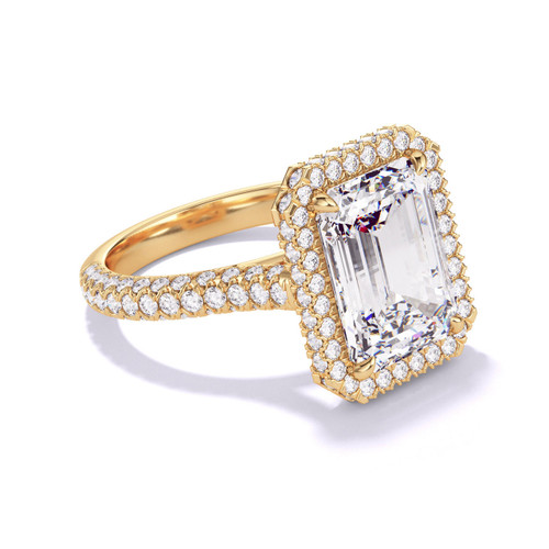 Emerald Cut Halo Engagement Ring on a Gold Three Phases Triple Pave Setting
