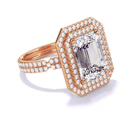 Emerald Cut Diamond Double Halo Ring with a Rose Gold Chance Pave Setting