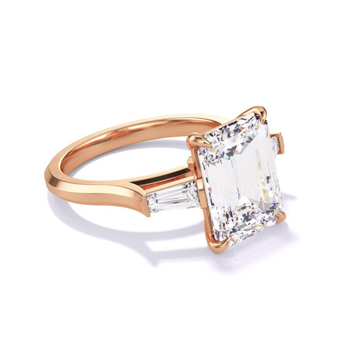 Rose Gold Emerald Cut Baguette Flank Engagement Ring on a Slim Three Phases Band