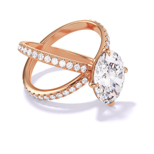 Rose Gold Oval Engagement Ring with a Compass 4 Prong Axis Pavé Setting
