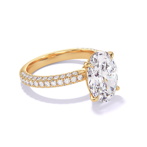Gold Oval Engagement Ring with a Classic 4 Prong Three Phases Triple Pave Setting