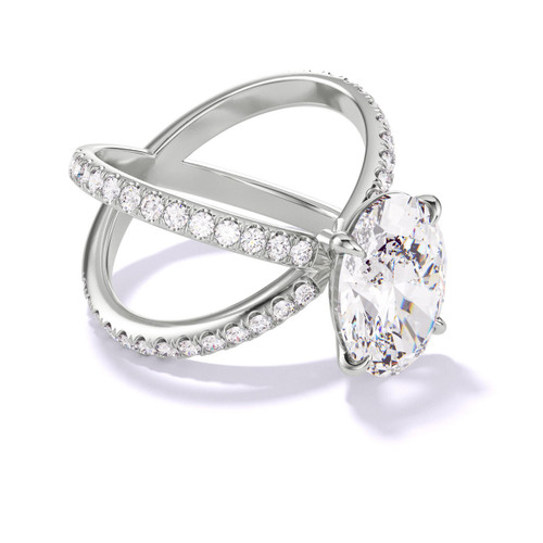 Platinum Oval Engagement Ring with a Classic 4 Prong Axis Pave Setting