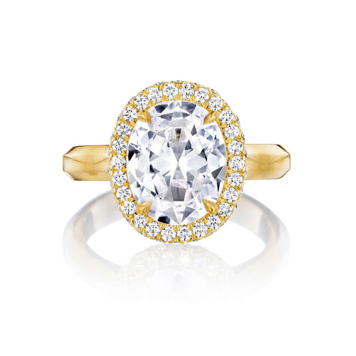 Plain Band Oval Halo Engagement Ring - oval diamond with a wrapped halo on a slim band in yellow gold