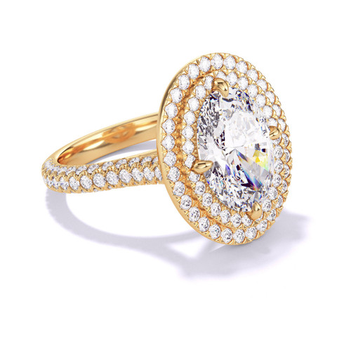 Gold Oval Engagement Ring with a Double Halo Three Phases Triple Pave Setting