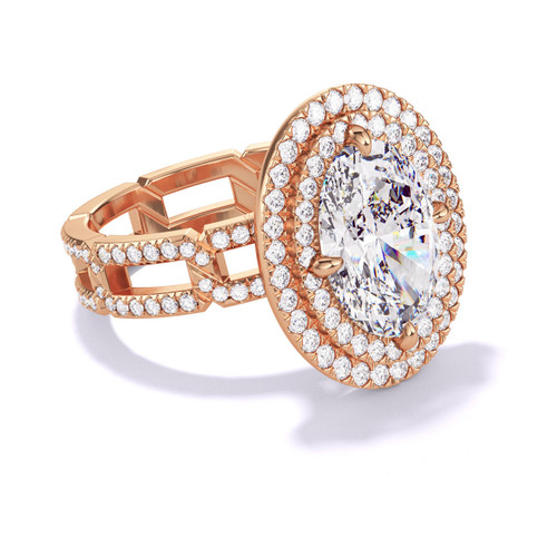 Rose Gold Oval Engagement Ring with a Double Halo 8 Link Pave Setting