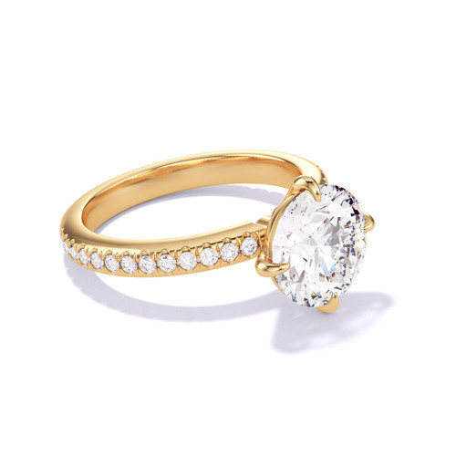 Gold Round Engagement Ring with a Compass 4 Prong Three Phases Pave Setting