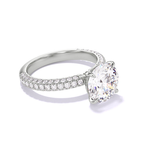 Platinum Round Engagement Ring with a Classic 4 Prong Three Phases Triple Pave Band