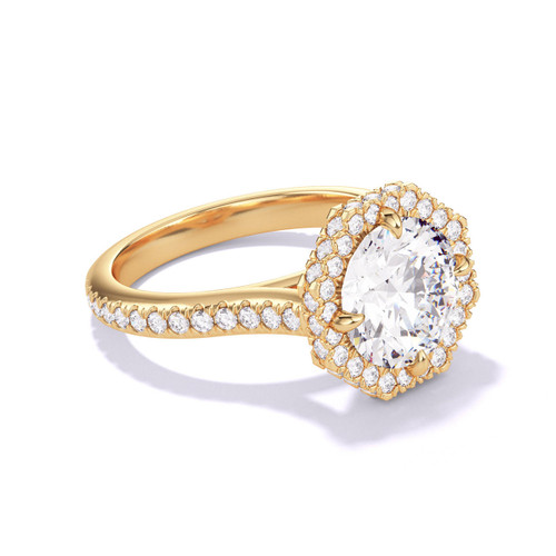 Gold Round Engagement Ring with an Octagon Halo Three Phases Pave Setting
