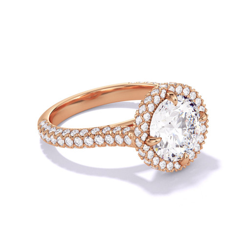 Rose Gold Round Engagement Ring with a Wrapped Halo Triple Pave Band