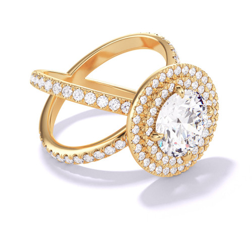 Gold Round Engagement Ring with a Double Halo Axis Pave Setting