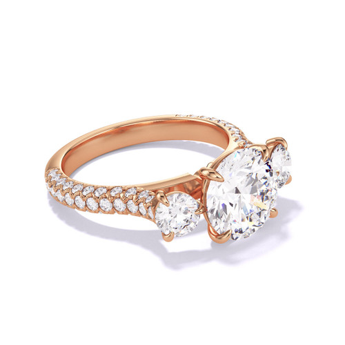 Rose Gold Round Engagement Ring with a Three Stone Setting and Pave Band