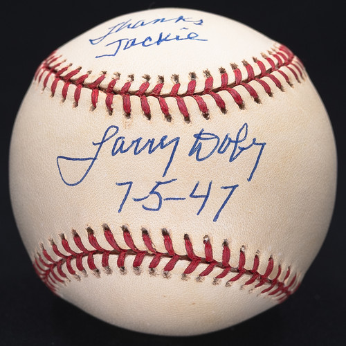 Larry Dobby Thanks Jackie 7-5-47 Signed Jackie Robinson Logo Baseball JSA COA