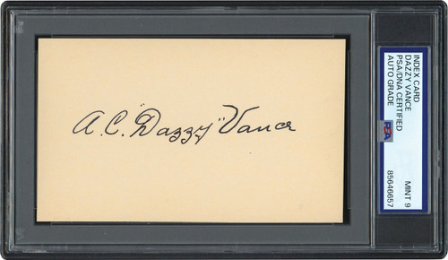 AC Dazzy Vance Signed 3x5 Index Card PSA Graded MINT 9!