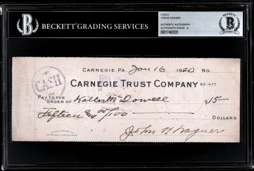 HONUS WAGNER Signed Personal Check 1920 Clean Auto! BAS Graded NM-MT 8