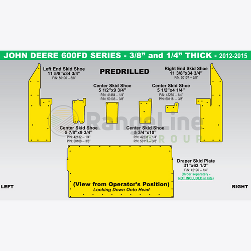 35" Poly Skid Shoe Set, to fit John Deere 600FD, Yellow UHMW - 1/4" Predrilled