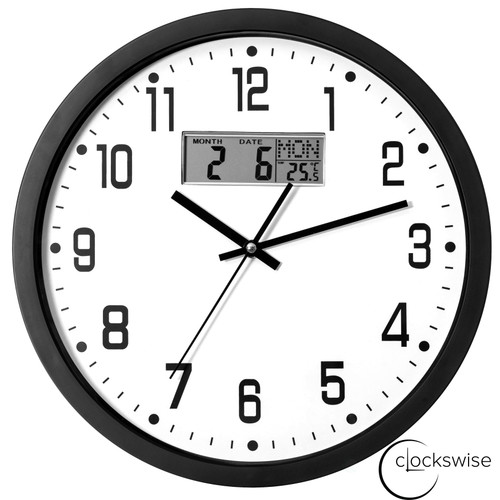 Clockswise Wall Clock, Non-Ticking Analog & Digital with Temperature Display Battery Powered, Silent Operation, Switchable Time and Date - Perfect for Classroom Office Bedroom and Study, Black