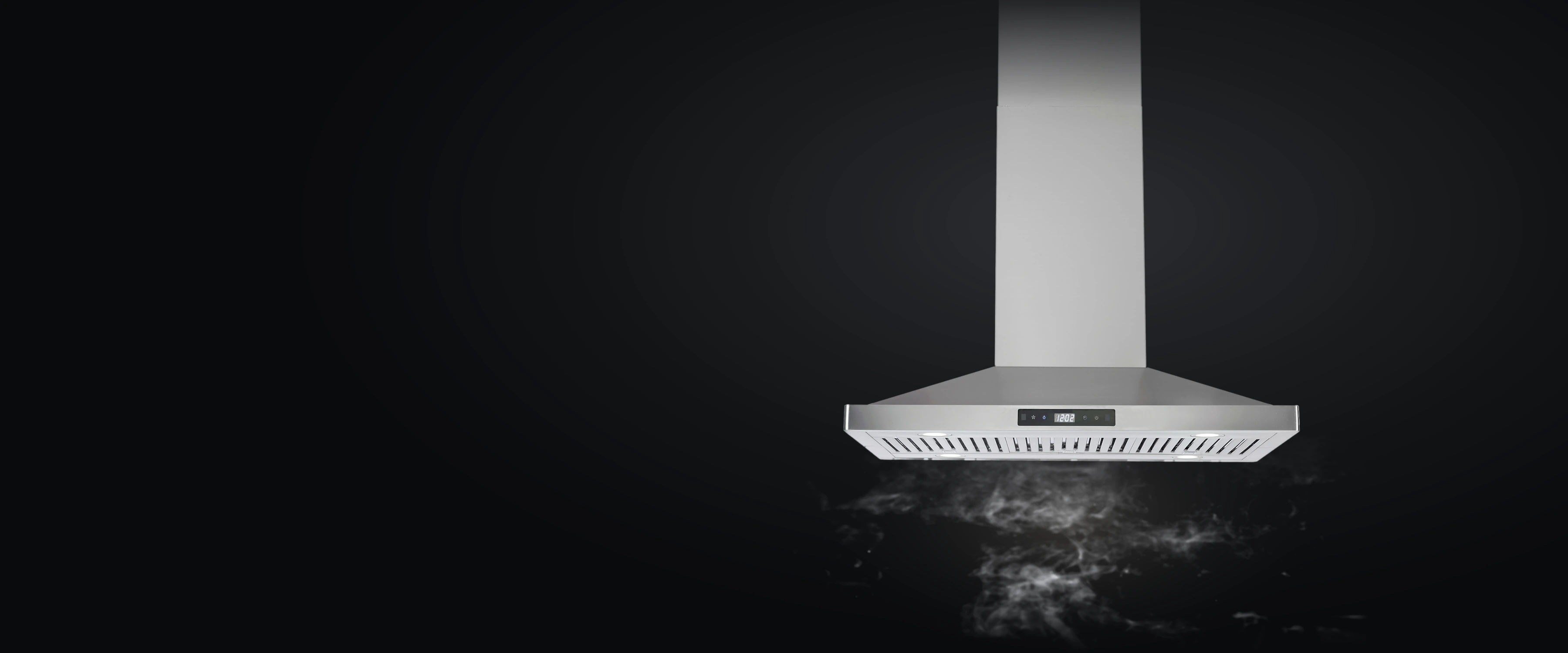 KSTAR K1023B stainless island range hood hanging from the ceiling