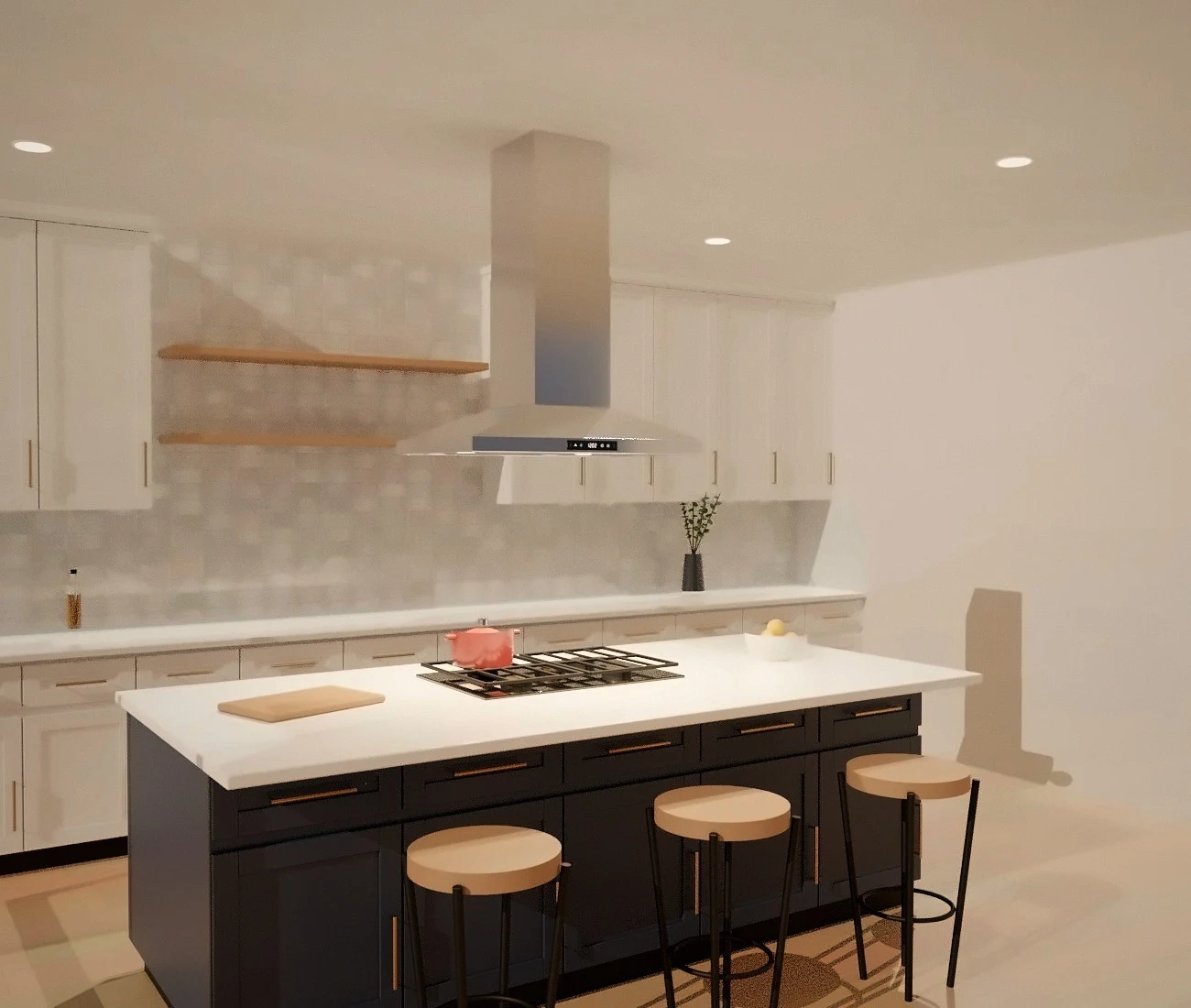 3D render: sunny open kitchen with a KSTAR K1023B 36-inch stainless island hood over a navy island