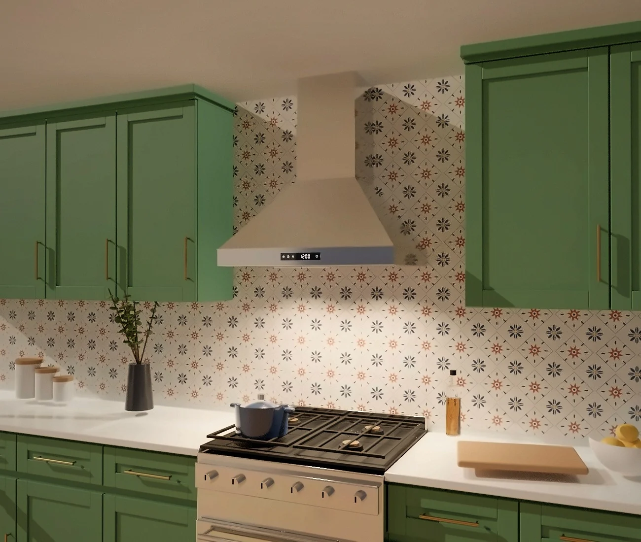 3D render: KSTAR K1012B 30-inch stainless chimney hood on patterned tile between green shaker cabinets
