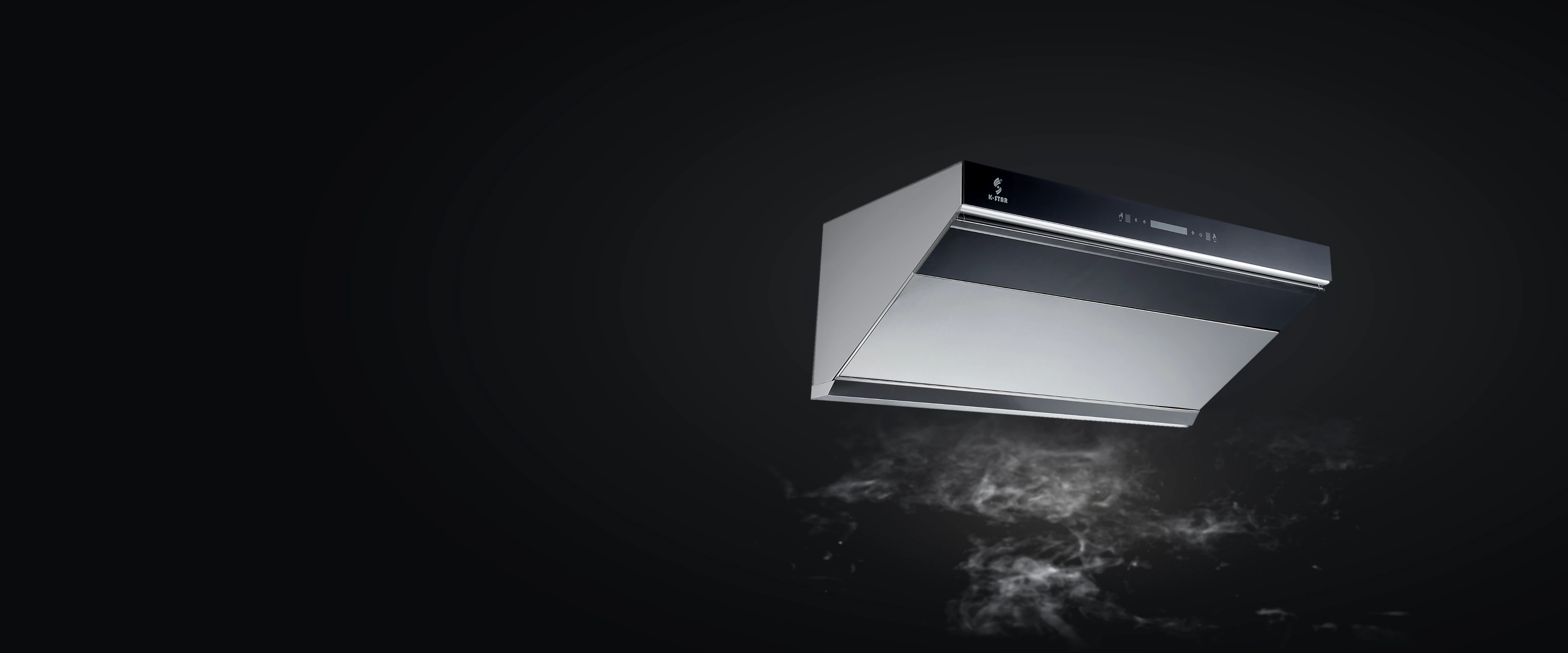 KSTAR K1018A under-cabinet range hood with black glass front, steam rising into it