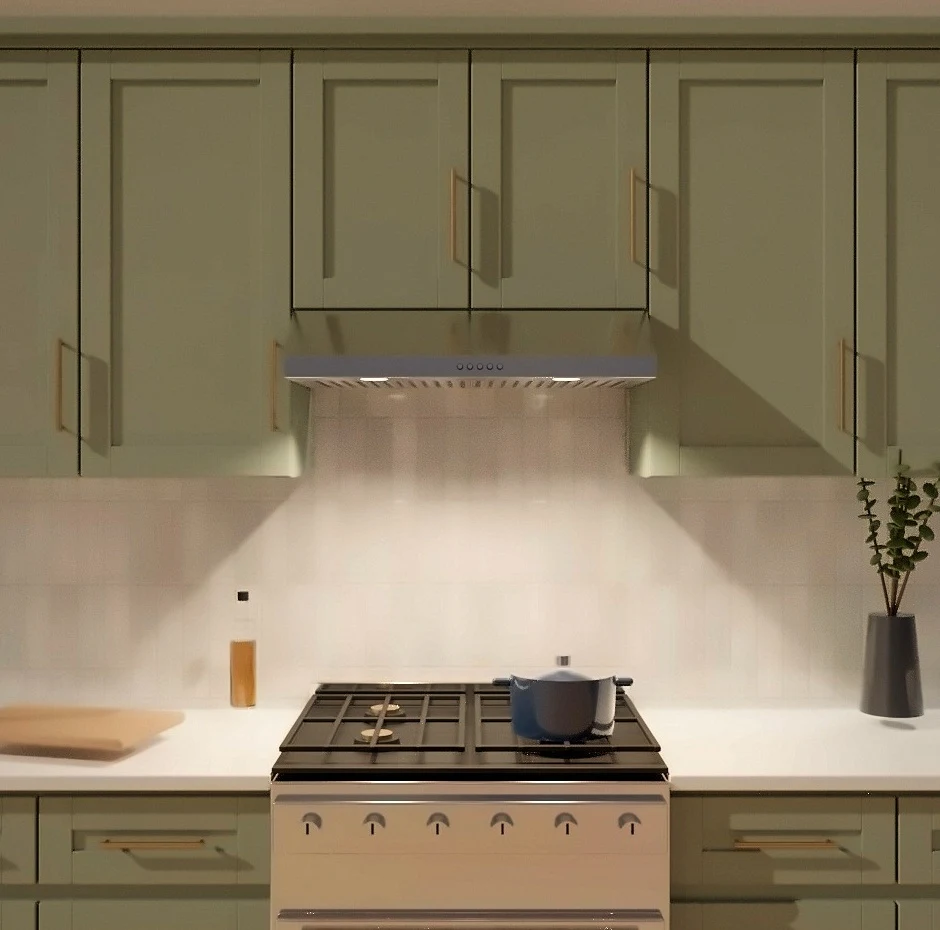 3D render: 30-inch KSTAR K1031B under-cabinet hood lined up with a 30-inch range between sage cabinets