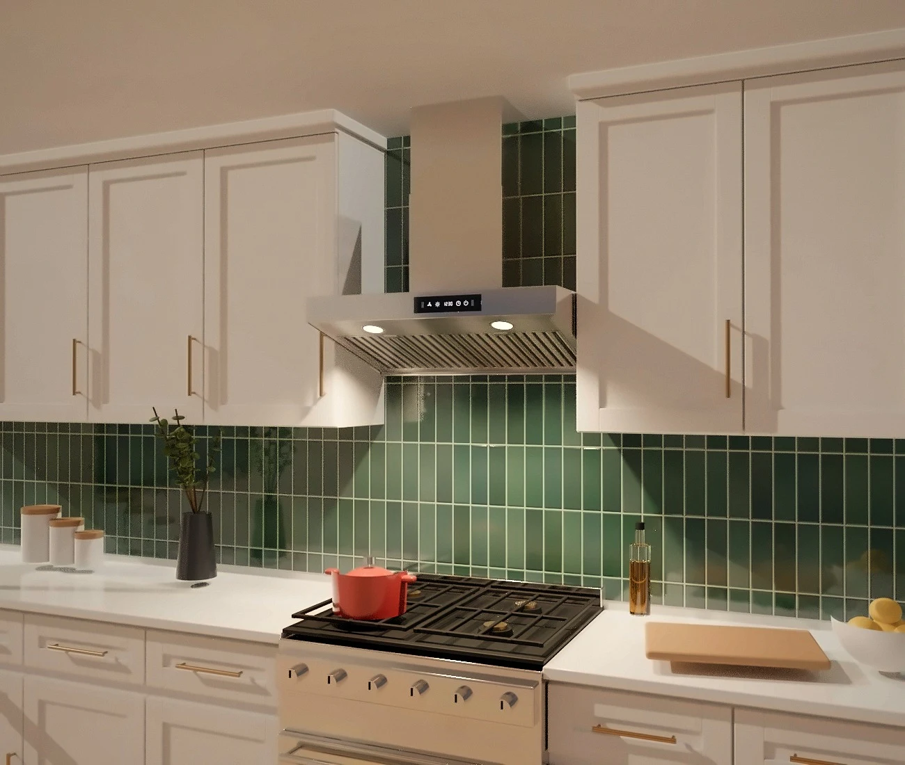 3D render: KSTAR K1016B 30-inch stainless wall-mount hood on green zellige tile, white shaker cabinets