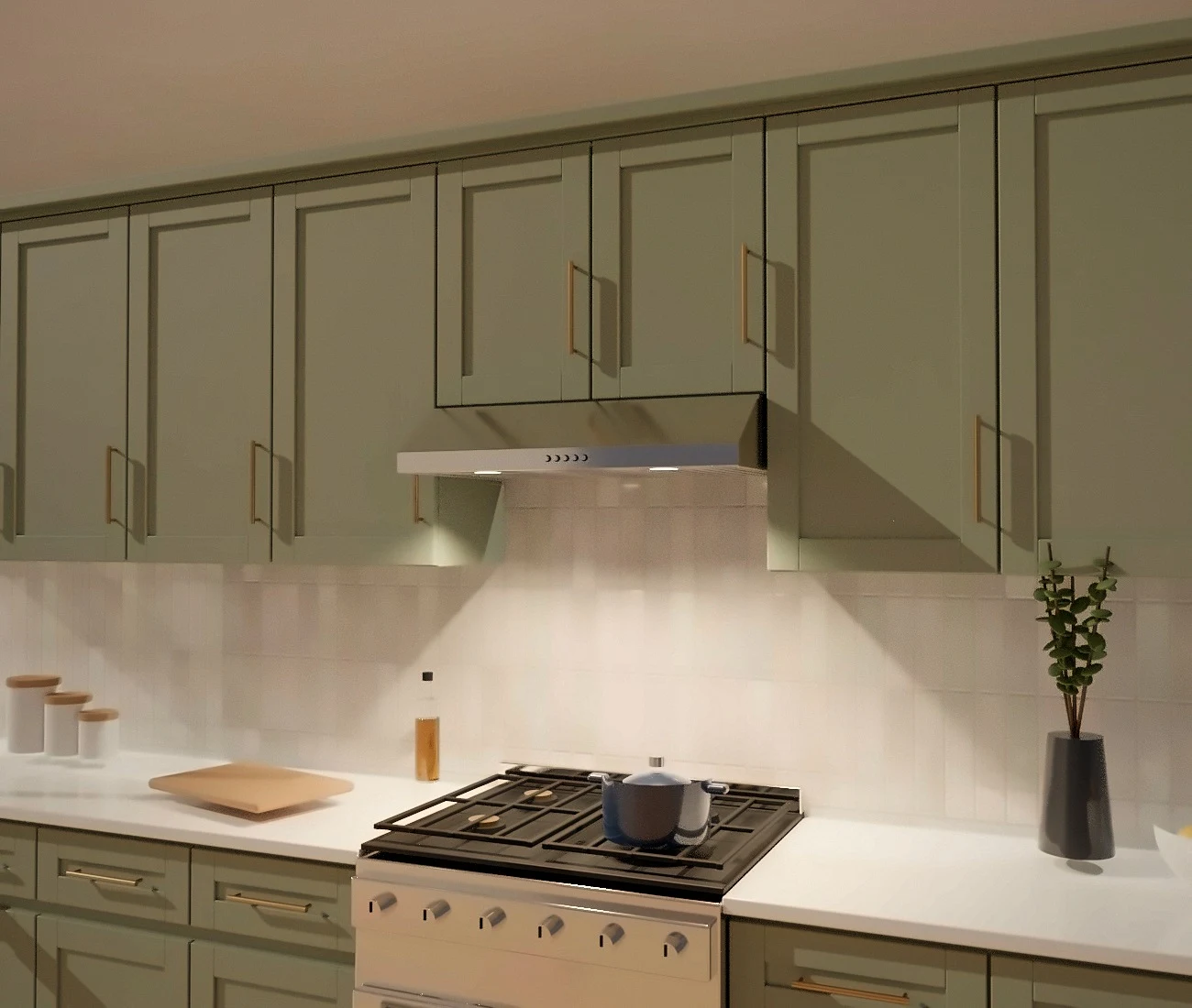 3D render: KSTAR K1031B stainless under-cabinet hood between sage green cabinets