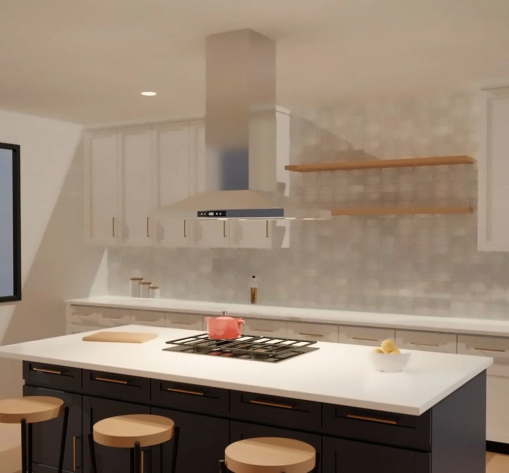 3D render: KSTAR K1023B stainless island hood over a navy kitchen island