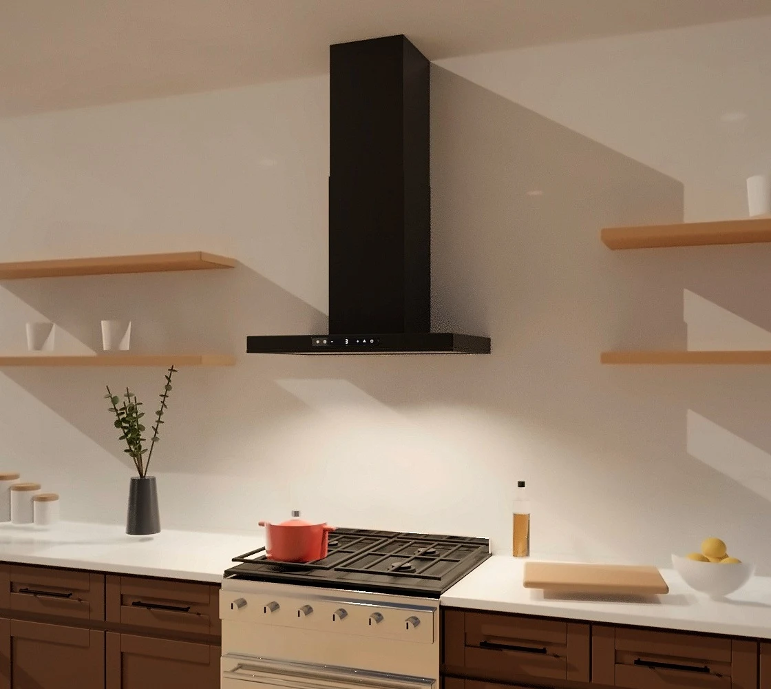 3D render: KSTAR K1003B black 30-inch wall-mount range hood over a gas range, walnut shelves and cabinets