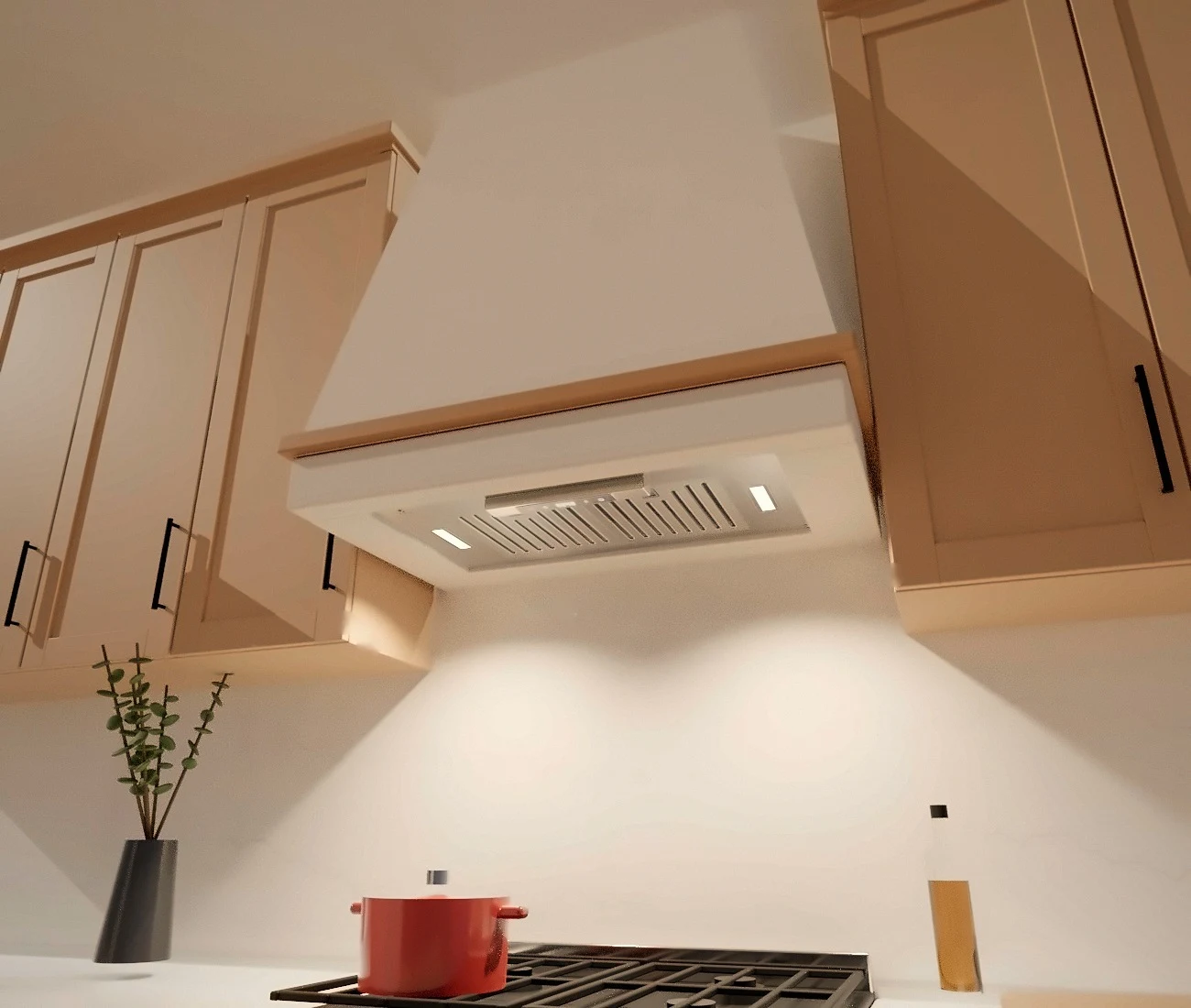 3D render: custom plaster hood with a KSTAR K1035B insert, oak trim and warm wood cabinets