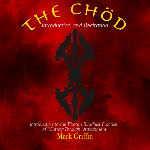 This is the album cover art for Mark Griffin's The Chod Teaching and Recitation depicting a Tibetan dorge on a red background of clouds.