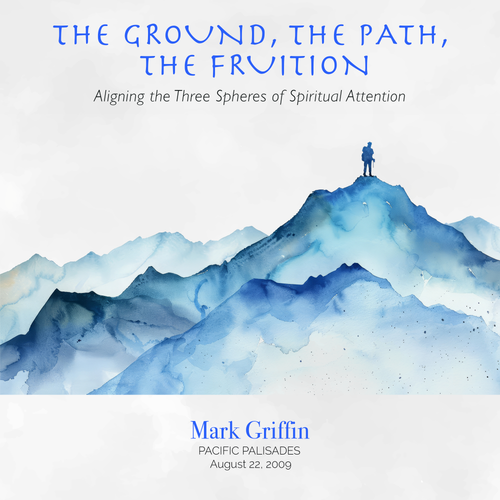 This is the album cover art for The Ground, The Path, The Fruition depicting a man standing on a mountain peak.