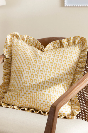 Block Printed Ruffle Cushion - Yellow