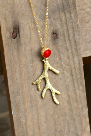 Gold Branch Necklace - Coral