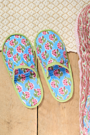 Block Printed Travel Slippers - Blue