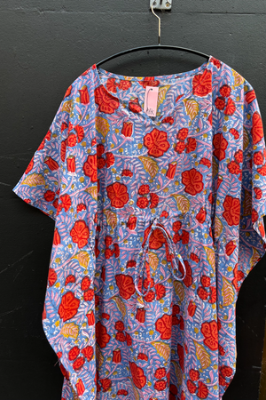 Cotton Block Print Kaftan - Blue/Red/Gold - SALE