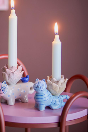 Blue Striped Cat Candle Holder