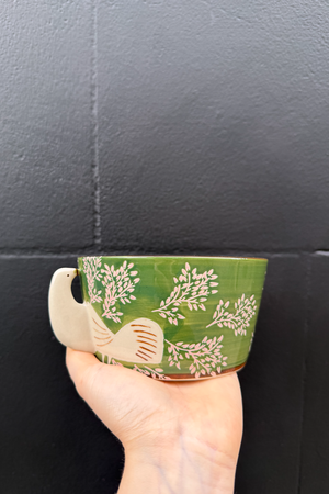 Stoneware Bird Handle Bowl - Green